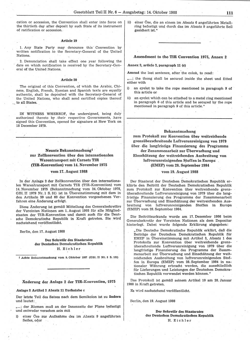 Gesetzblatt (GBl.) der Deutschen Demokratischen Republik (DDR) Teil ⅠⅠ 1988, Seite 111 (GBl. DDR ⅠⅠ 1988, S. 111)