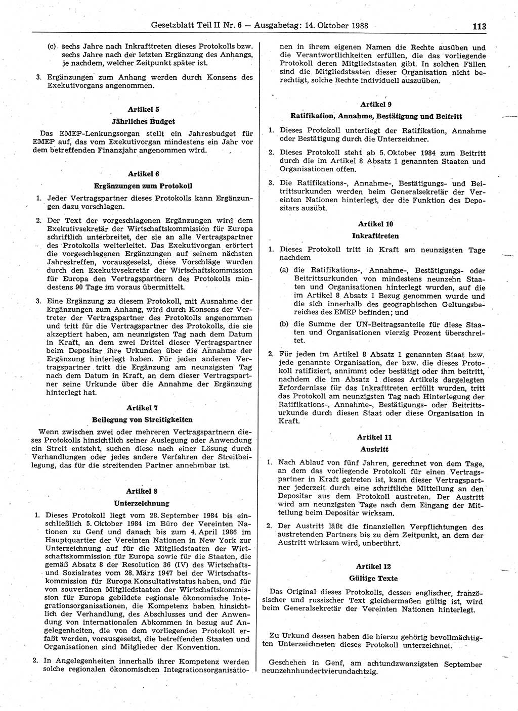 Gesetzblatt (GBl.) der Deutschen Demokratischen Republik (DDR) Teil ⅠⅠ 1988, Seite 113 (GBl. DDR ⅠⅠ 1988, S. 113)