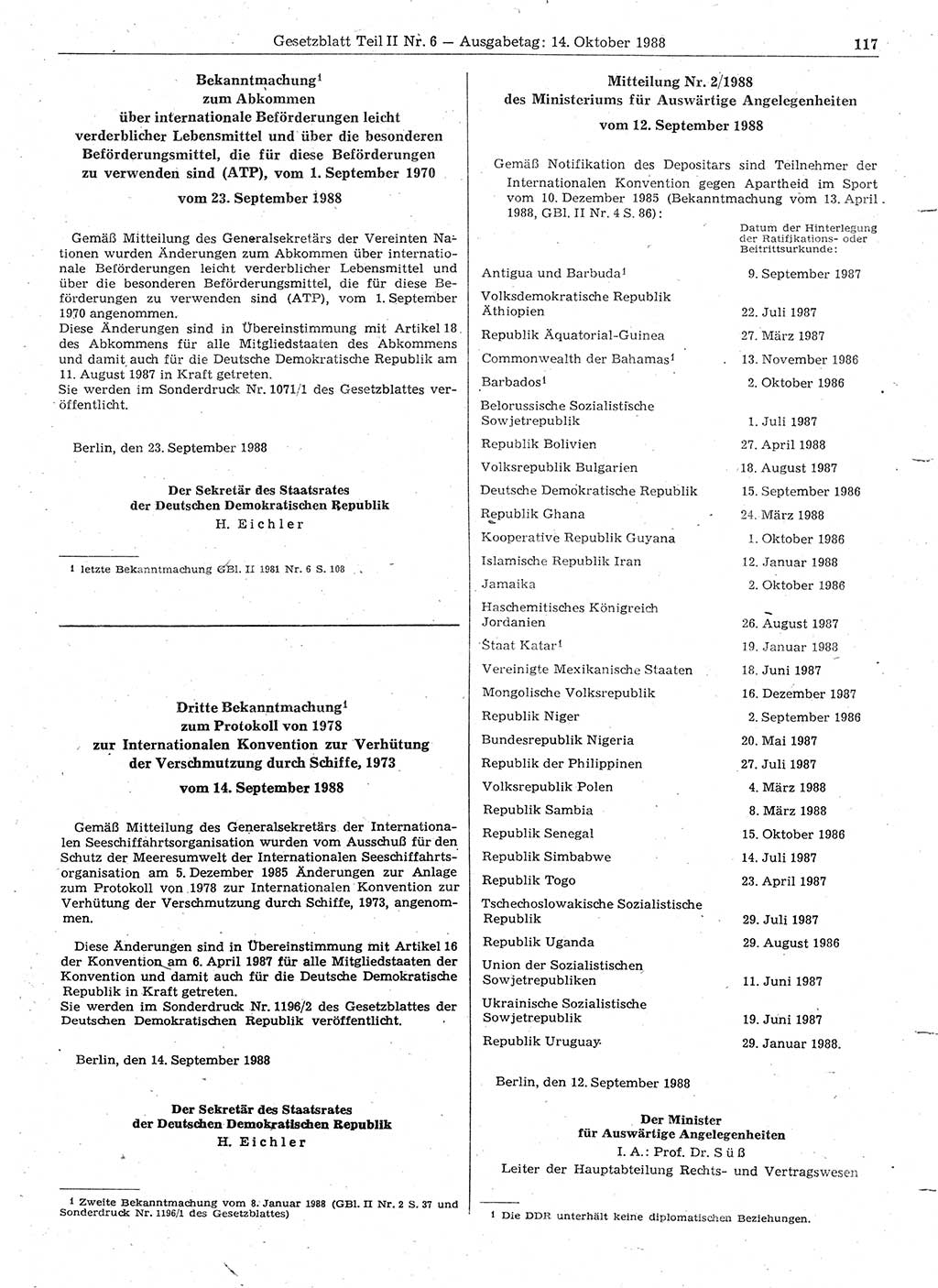 Gesetzblatt (GBl.) der Deutschen Demokratischen Republik (DDR) Teil ⅠⅠ 1988, Seite 117 (GBl. DDR ⅠⅠ 1988, S. 117)