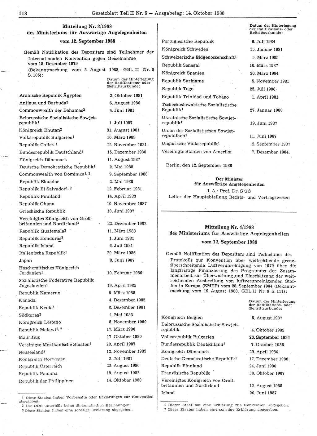 Gesetzblatt (GBl.) der Deutschen Demokratischen Republik (DDR) Teil ⅠⅠ 1988, Seite 118 (GBl. DDR ⅠⅠ 1988, S. 118)