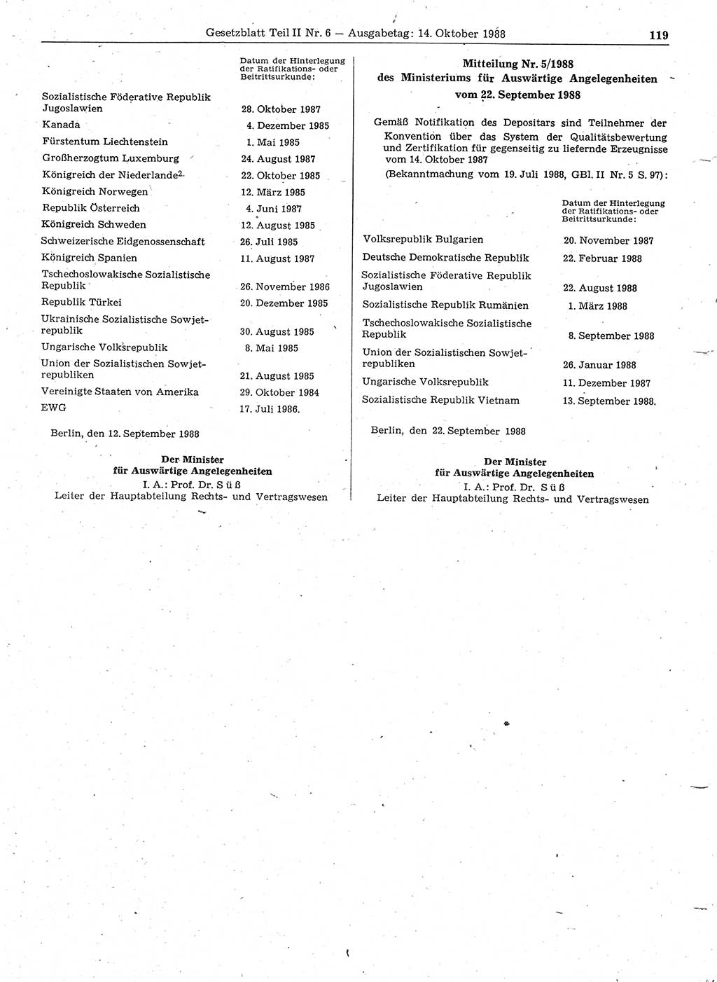 Gesetzblatt (GBl.) der Deutschen Demokratischen Republik (DDR) Teil ⅠⅠ 1988, Seite 119 (GBl. DDR ⅠⅠ 1988, S. 119)