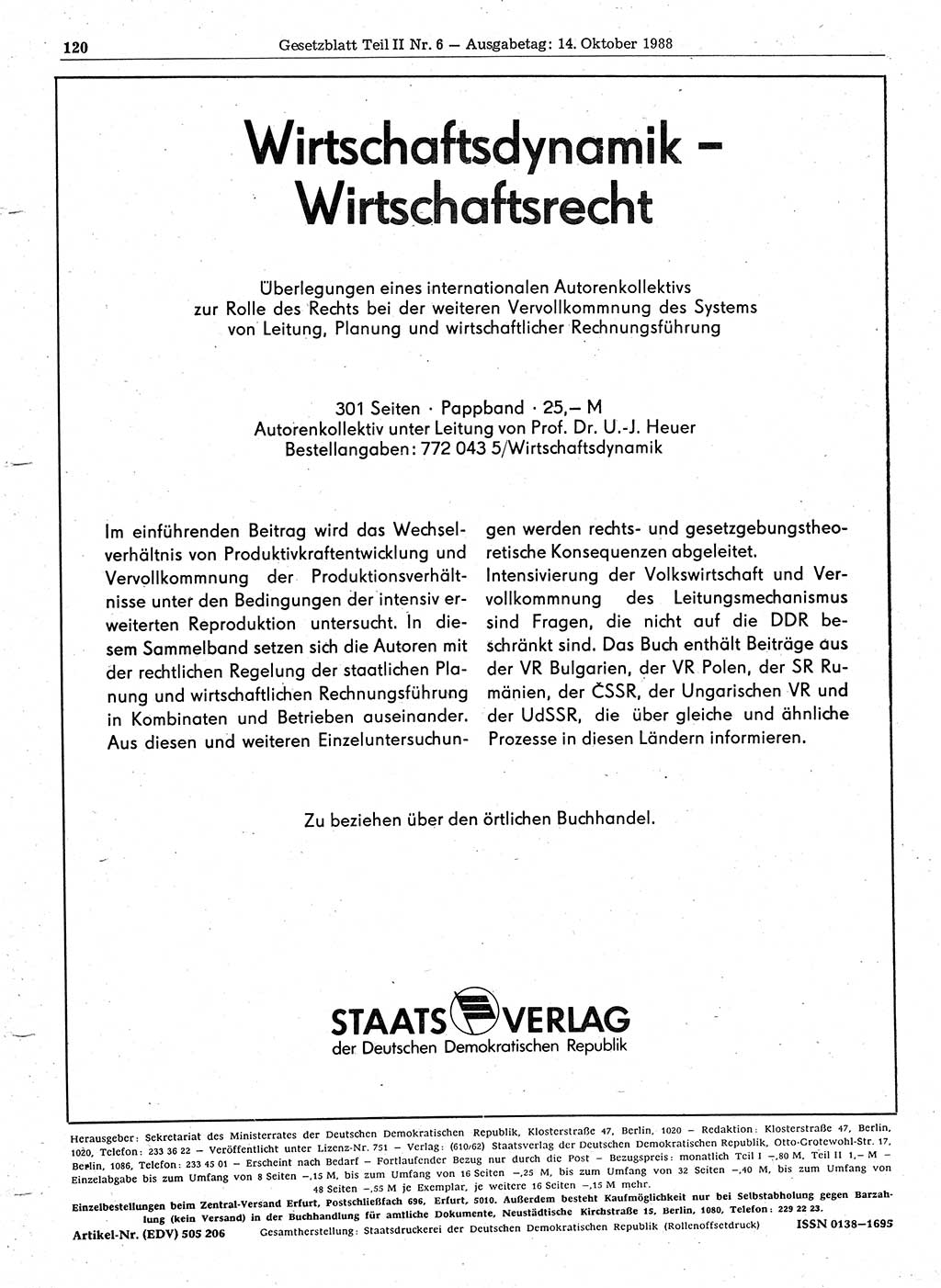 Gesetzblatt (GBl.) der Deutschen Demokratischen Republik (DDR) Teil ⅠⅠ 1988, Seite 120 (GBl. DDR ⅠⅠ 1988, S. 120)