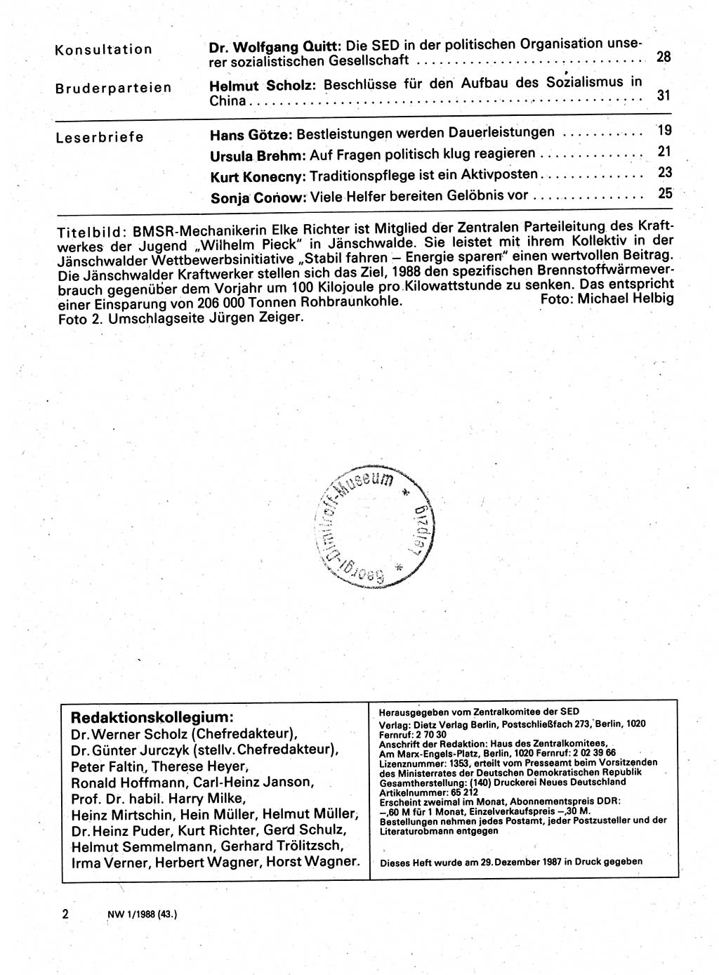 Neuer Weg (NW), Organ des Zentralkomitees (ZK) der SED (Sozialistische Einheitspartei Deutschlands) für Fragen des Parteilebens, 43. Jahrgang [Deutsche Demokratische Republik (DDR)] 1988, Seite 2 (NW ZK SED DDR 1988, S. 2)