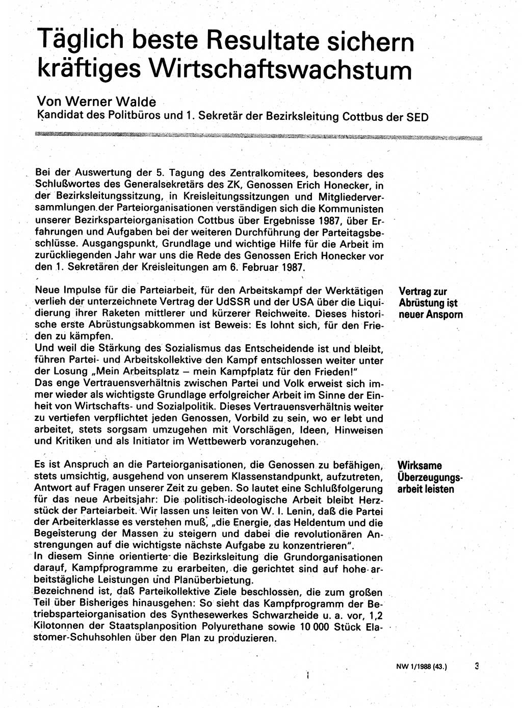 Neuer Weg (NW), Organ des Zentralkomitees (ZK) der SED (Sozialistische Einheitspartei Deutschlands) für Fragen des Parteilebens, 43. Jahrgang [Deutsche Demokratische Republik (DDR)] 1988, Seite 3 (NW ZK SED DDR 1988, S. 3)