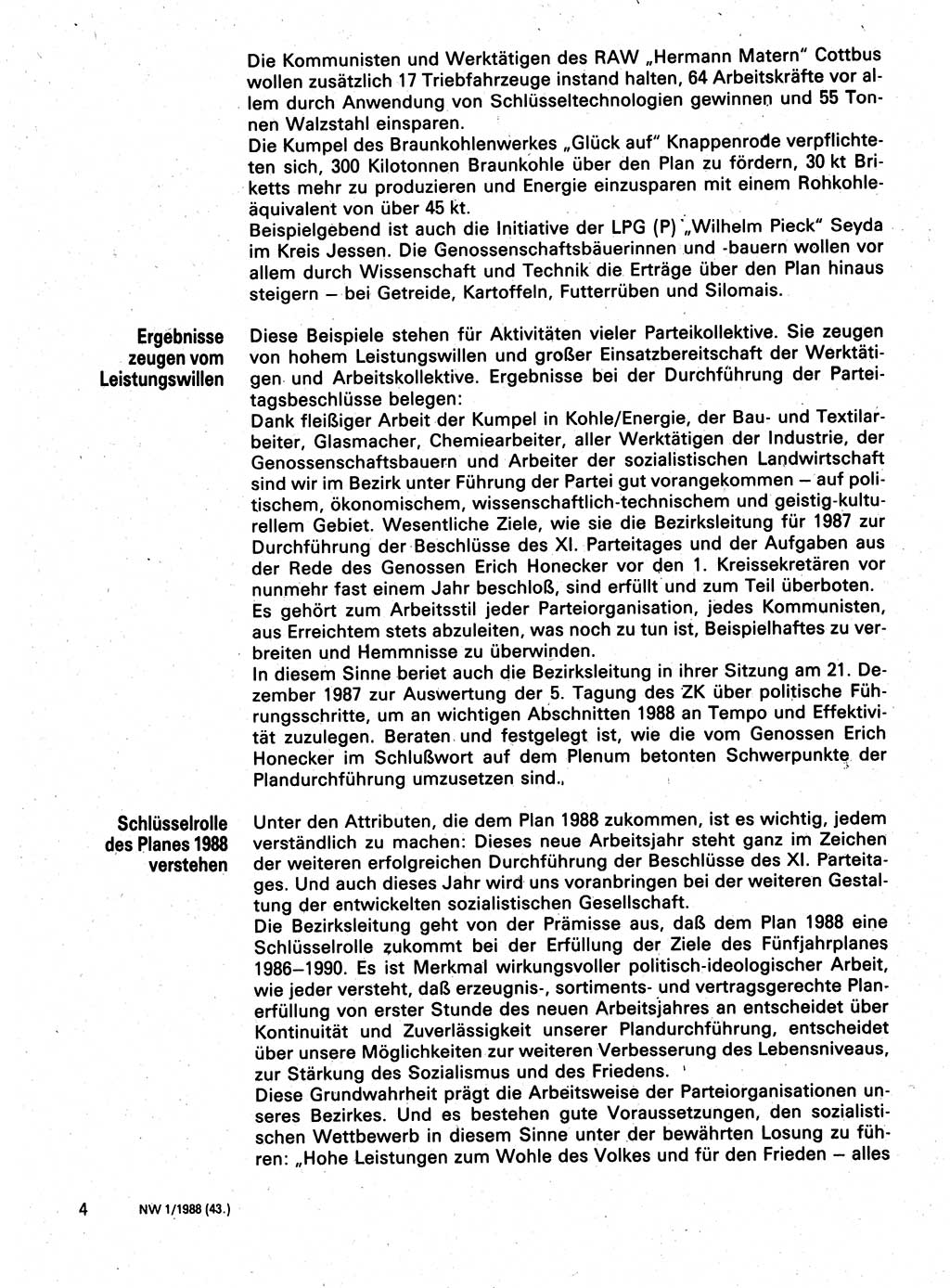 Neuer Weg (NW), Organ des Zentralkomitees (ZK) der SED (Sozialistische Einheitspartei Deutschlands) für Fragen des Parteilebens, 43. Jahrgang [Deutsche Demokratische Republik (DDR)] 1988, Seite 4 (NW ZK SED DDR 1988, S. 4)