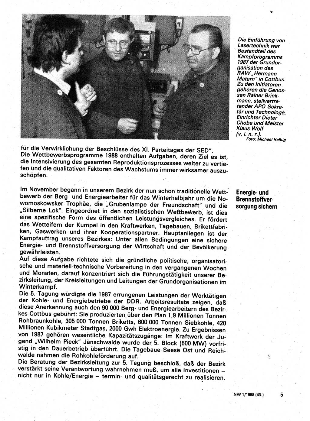 Neuer Weg (NW), Organ des Zentralkomitees (ZK) der SED (Sozialistische Einheitspartei Deutschlands) für Fragen des Parteilebens, 43. Jahrgang [Deutsche Demokratische Republik (DDR)] 1988, Seite 5 (NW ZK SED DDR 1988, S. 5)