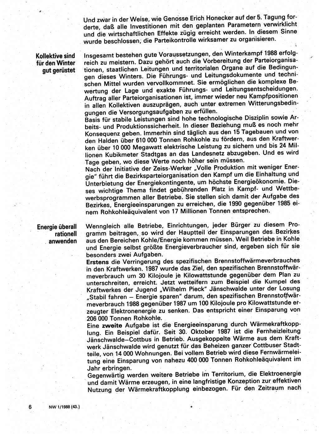 Neuer Weg (NW), Organ des Zentralkomitees (ZK) der SED (Sozialistische Einheitspartei Deutschlands) für Fragen des Parteilebens, 43. Jahrgang [Deutsche Demokratische Republik (DDR)] 1988, Seite 6 (NW ZK SED DDR 1988, S. 6)