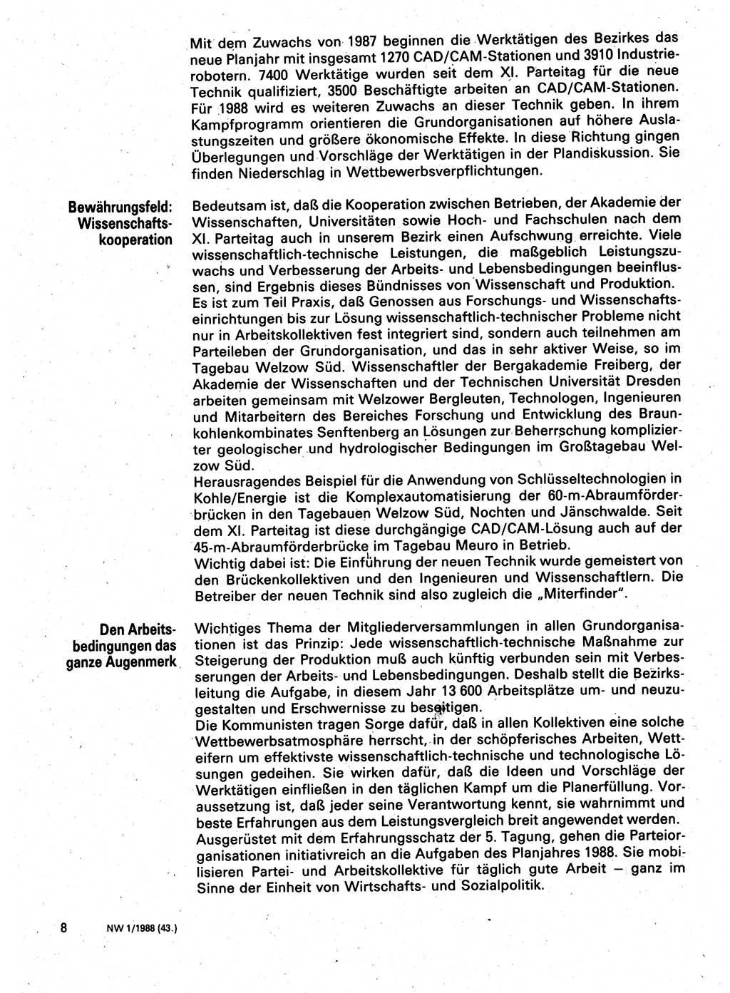 Neuer Weg (NW), Organ des Zentralkomitees (ZK) der SED (Sozialistische Einheitspartei Deutschlands) für Fragen des Parteilebens, 43. Jahrgang [Deutsche Demokratische Republik (DDR)] 1988, Seite 8 (NW ZK SED DDR 1988, S. 8)