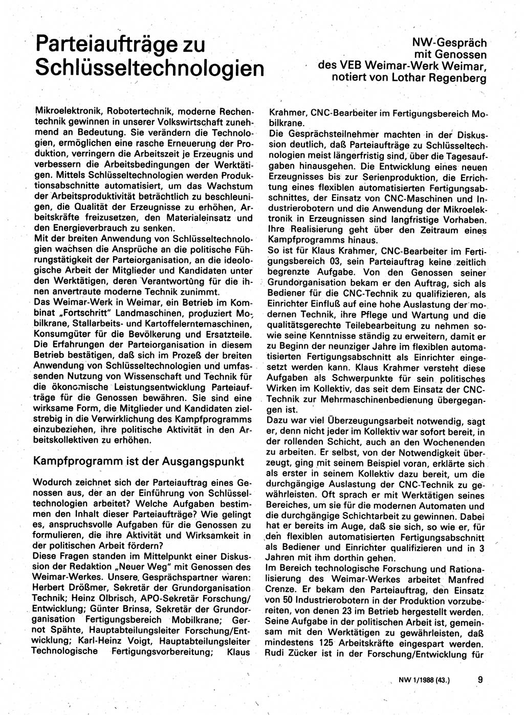 Neuer Weg (NW), Organ des Zentralkomitees (ZK) der SED (Sozialistische Einheitspartei Deutschlands) für Fragen des Parteilebens, 43. Jahrgang [Deutsche Demokratische Republik (DDR)] 1988, Seite 9 (NW ZK SED DDR 1988, S. 9)