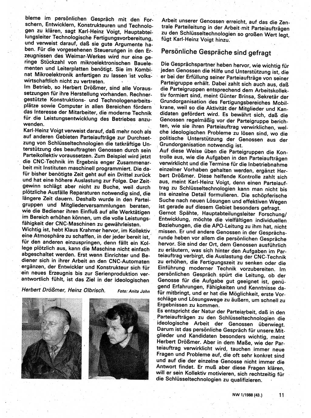 Neuer Weg (NW), Organ des Zentralkomitees (ZK) der SED (Sozialistische Einheitspartei Deutschlands) für Fragen des Parteilebens, 43. Jahrgang [Deutsche Demokratische Republik (DDR)] 1988, Seite 11 (NW ZK SED DDR 1988, S. 11)