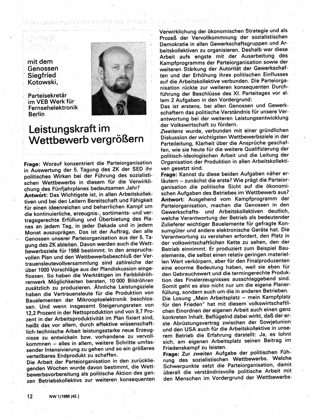 Neuer Weg (NW), Organ des Zentralkomitees (ZK) der SED (Sozialistische Einheitspartei Deutschlands) für Fragen des Parteilebens, 43. Jahrgang [Deutsche Demokratische Republik (DDR)] 1988, Seite 12 (NW ZK SED DDR 1988, S. 12)