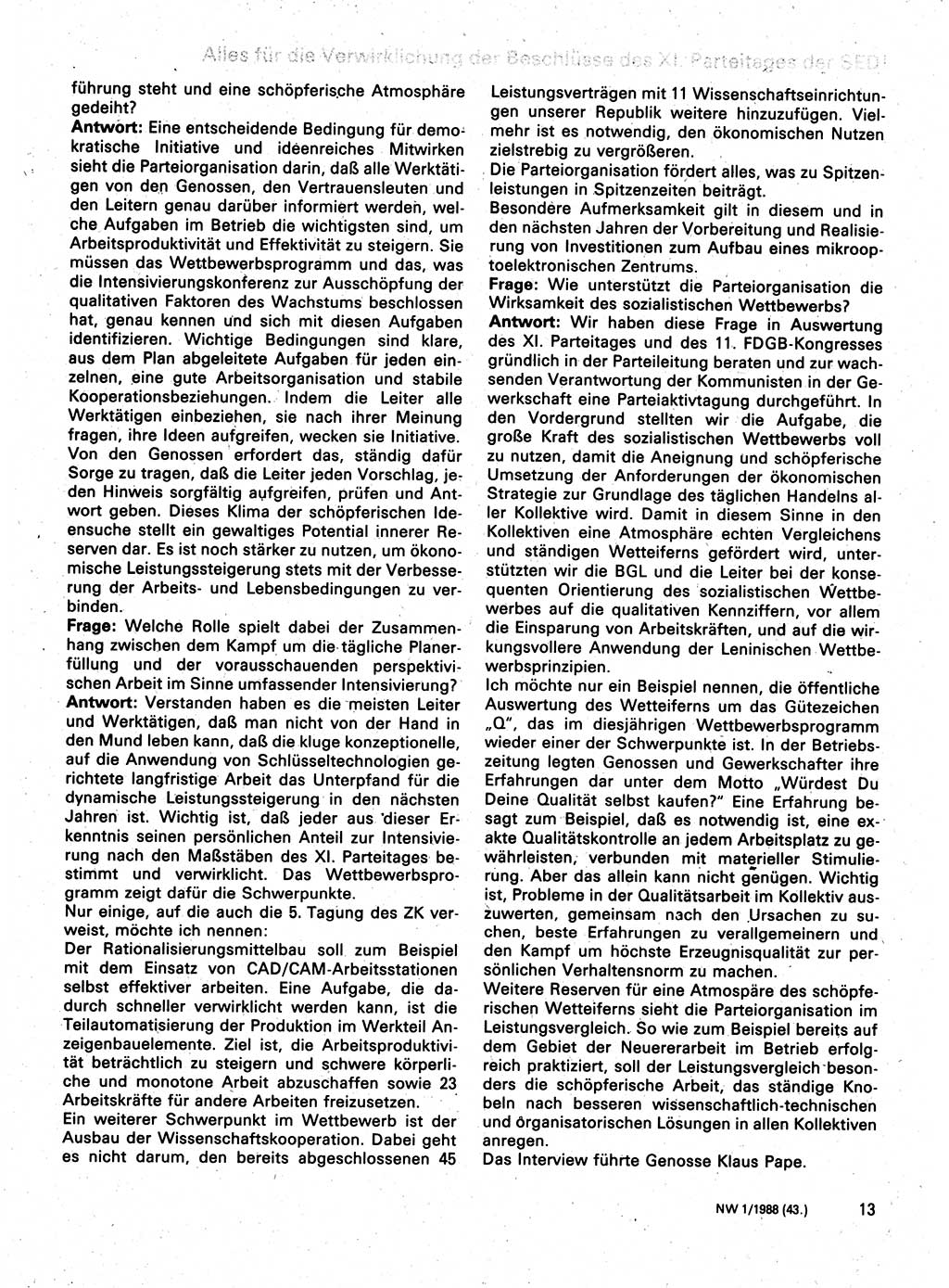 Neuer Weg (NW), Organ des Zentralkomitees (ZK) der SED (Sozialistische Einheitspartei Deutschlands) für Fragen des Parteilebens, 43. Jahrgang [Deutsche Demokratische Republik (DDR)] 1988, Seite 13 (NW ZK SED DDR 1988, S. 13)