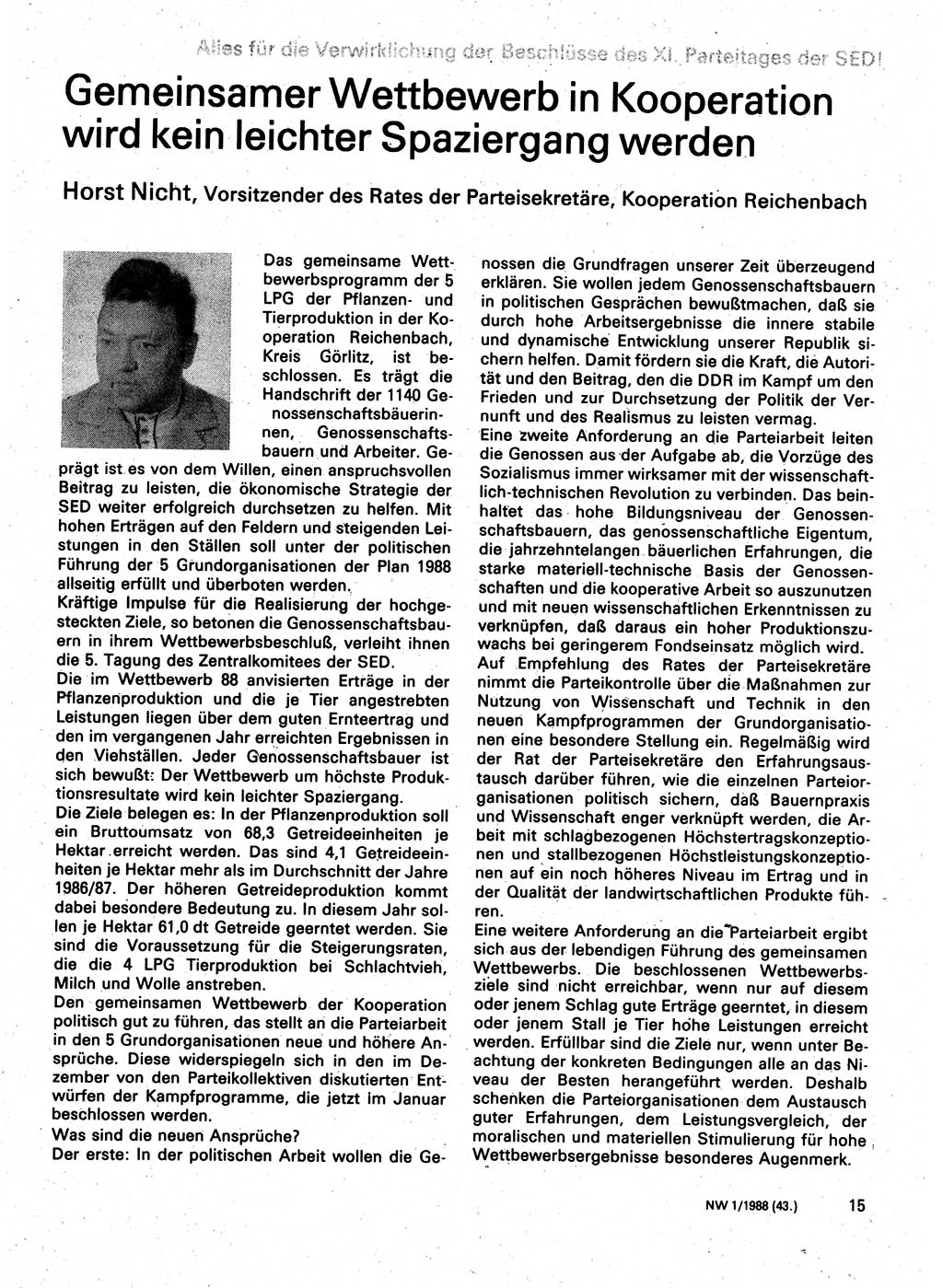 Neuer Weg (NW), Organ des Zentralkomitees (ZK) der SED (Sozialistische Einheitspartei Deutschlands) für Fragen des Parteilebens, 43. Jahrgang [Deutsche Demokratische Republik (DDR)] 1988, Seite 15 (NW ZK SED DDR 1988, S. 15)