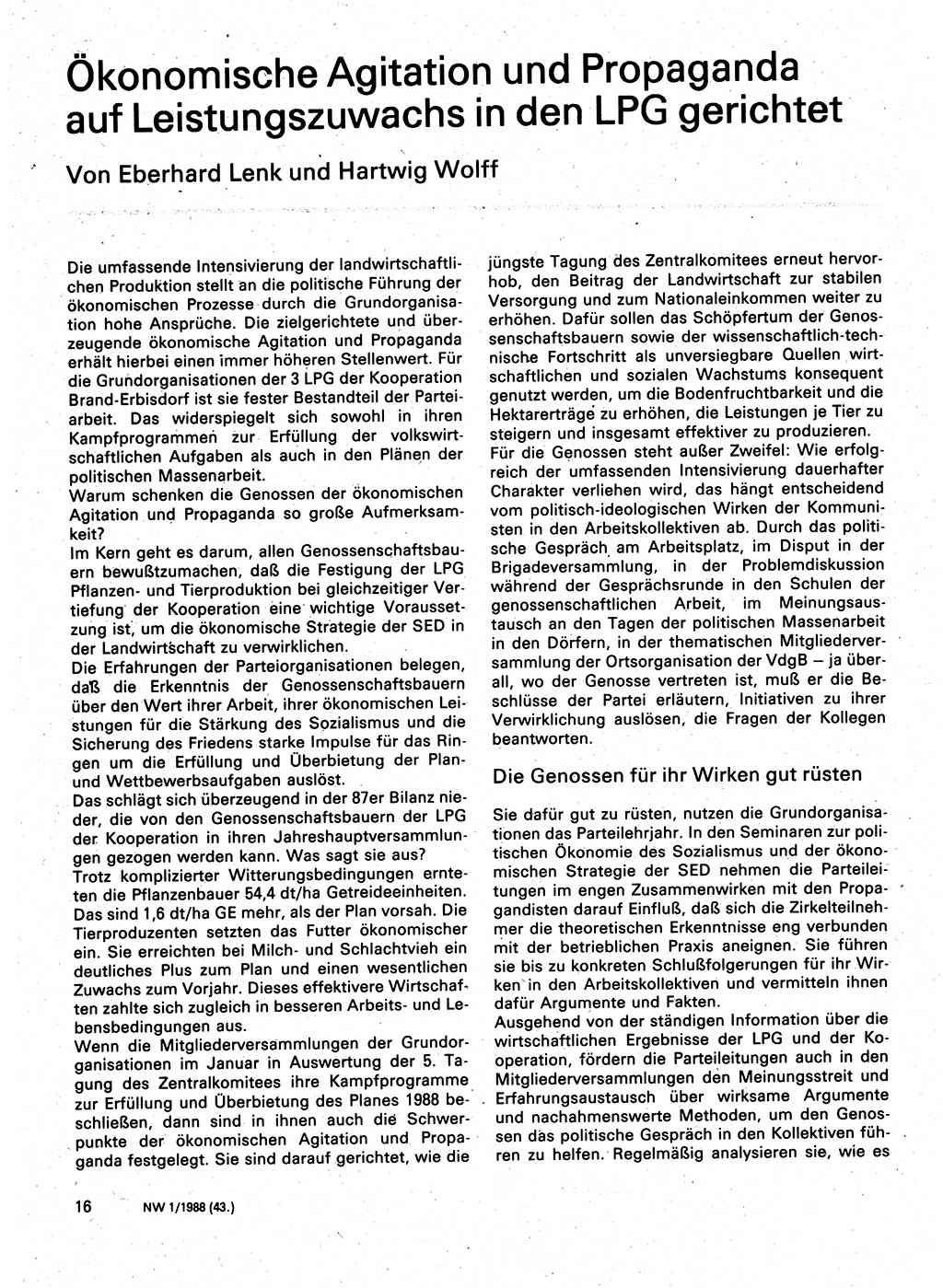 Neuer Weg (NW), Organ des Zentralkomitees (ZK) der SED (Sozialistische Einheitspartei Deutschlands) für Fragen des Parteilebens, 43. Jahrgang [Deutsche Demokratische Republik (DDR)] 1988, Seite 16 (NW ZK SED DDR 1988, S. 16)