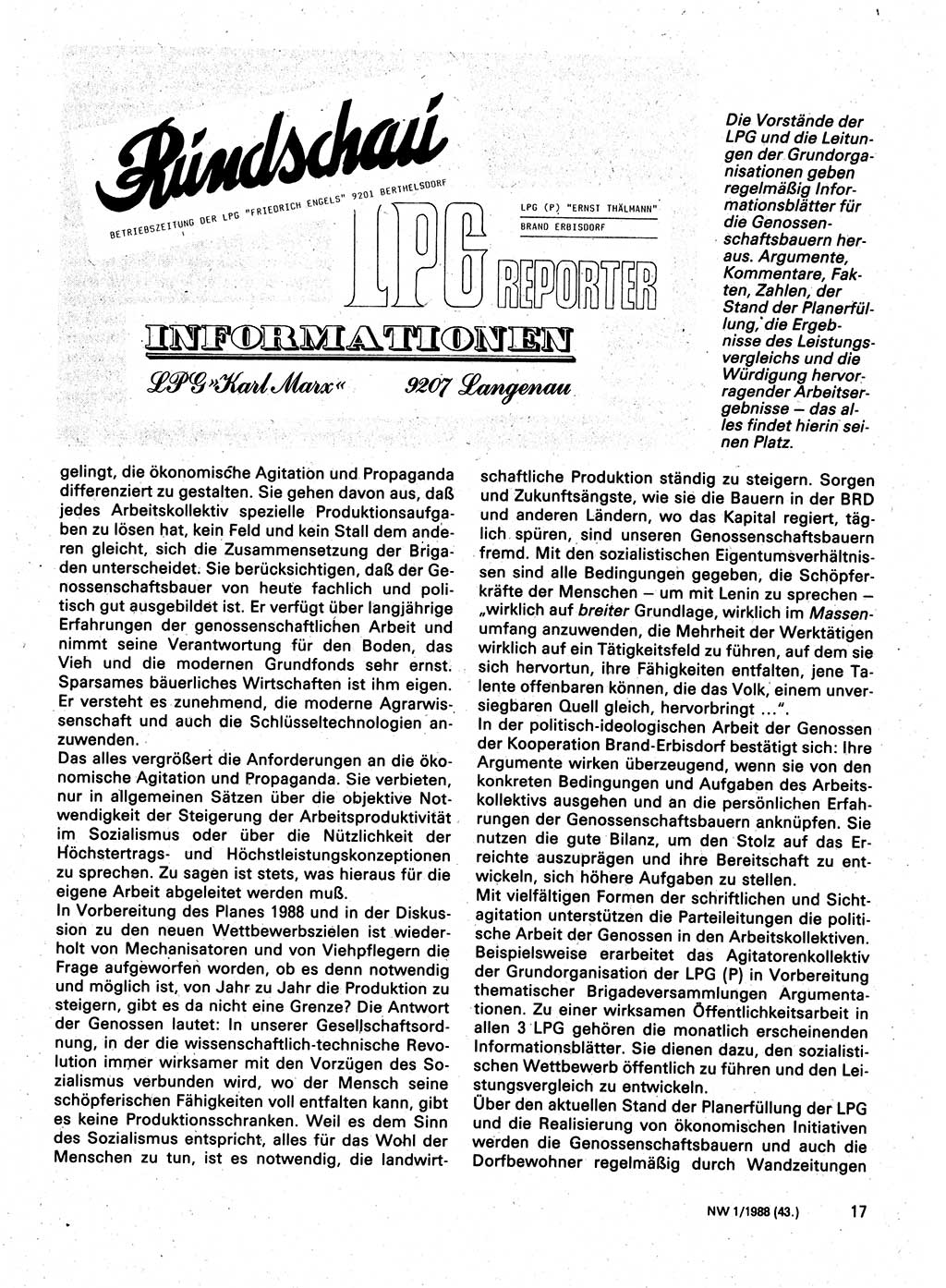 Neuer Weg (NW), Organ des Zentralkomitees (ZK) der SED (Sozialistische Einheitspartei Deutschlands) für Fragen des Parteilebens, 43. Jahrgang [Deutsche Demokratische Republik (DDR)] 1988, Seite 17 (NW ZK SED DDR 1988, S. 17)