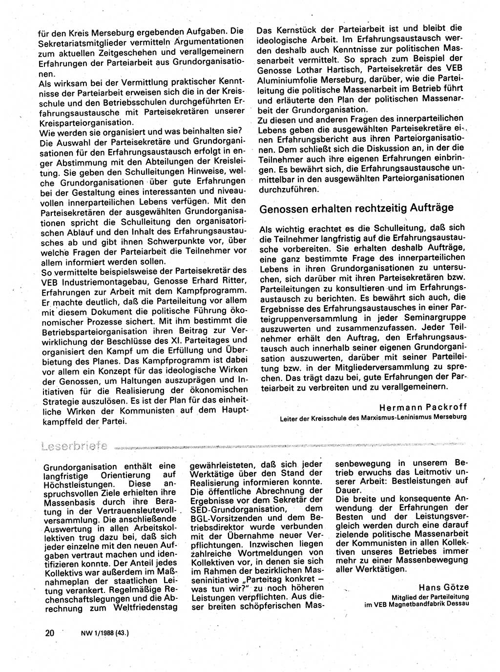 Neuer Weg (NW), Organ des Zentralkomitees (ZK) der SED (Sozialistische Einheitspartei Deutschlands) für Fragen des Parteilebens, 43. Jahrgang [Deutsche Demokratische Republik (DDR)] 1988, Seite 20 (NW ZK SED DDR 1988, S. 20)