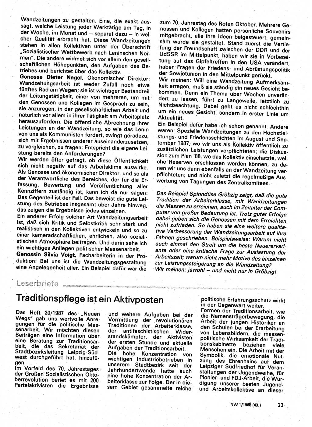 Neuer Weg (NW), Organ des Zentralkomitees (ZK) der SED (Sozialistische Einheitspartei Deutschlands) für Fragen des Parteilebens, 43. Jahrgang [Deutsche Demokratische Republik (DDR)] 1988, Seite 23 (NW ZK SED DDR 1988, S. 23)