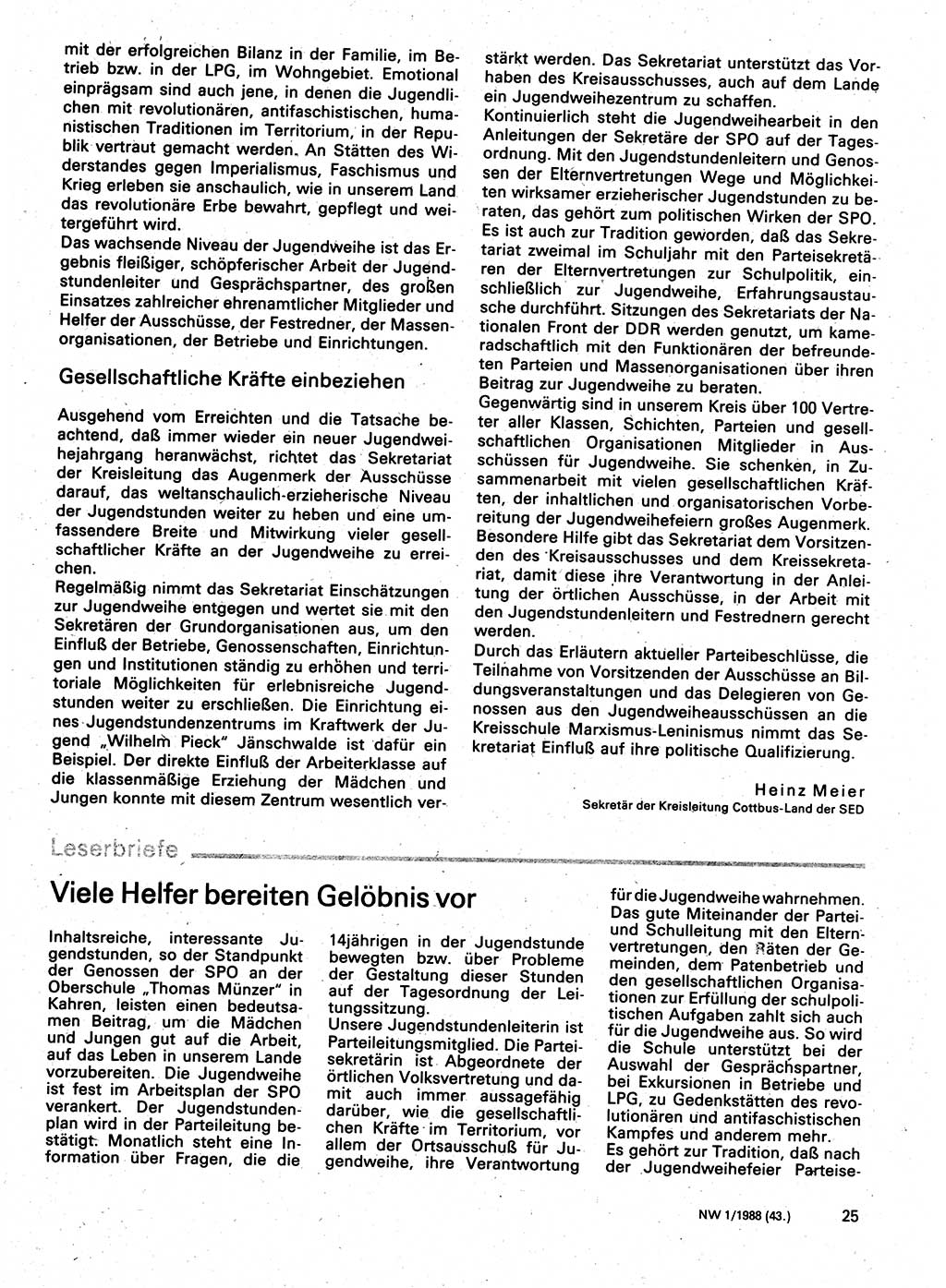 Neuer Weg (NW), Organ des Zentralkomitees (ZK) der SED (Sozialistische Einheitspartei Deutschlands) für Fragen des Parteilebens, 43. Jahrgang [Deutsche Demokratische Republik (DDR)] 1988, Seite 25 (NW ZK SED DDR 1988, S. 25)