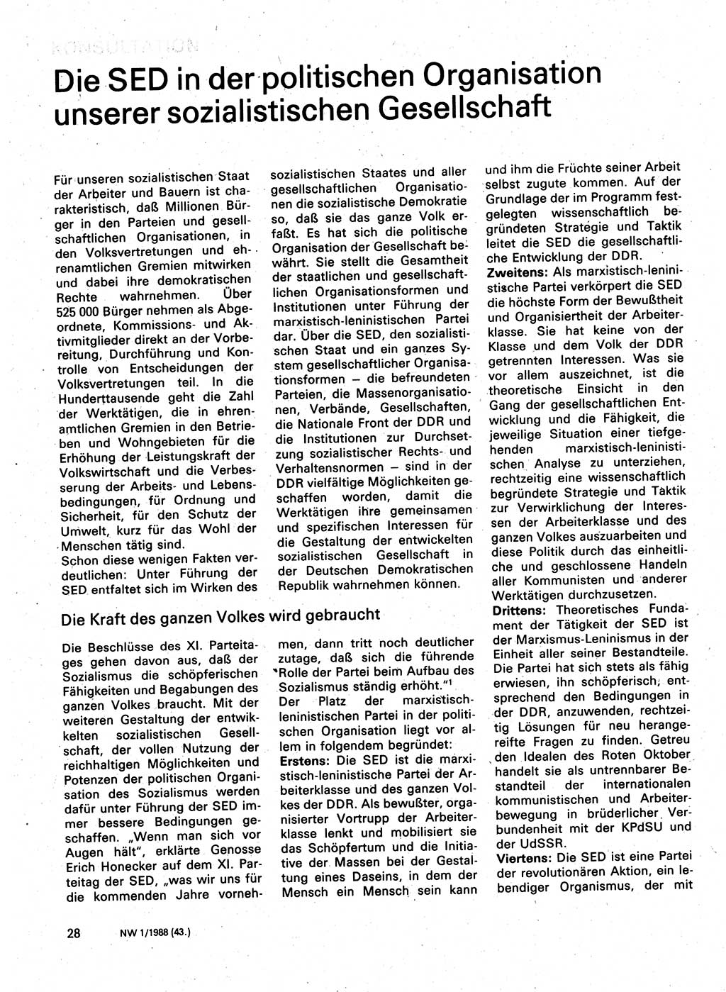Neuer Weg (NW), Organ des Zentralkomitees (ZK) der SED (Sozialistische Einheitspartei Deutschlands) für Fragen des Parteilebens, 43. Jahrgang [Deutsche Demokratische Republik (DDR)] 1988, Seite 28 (NW ZK SED DDR 1988, S. 28)