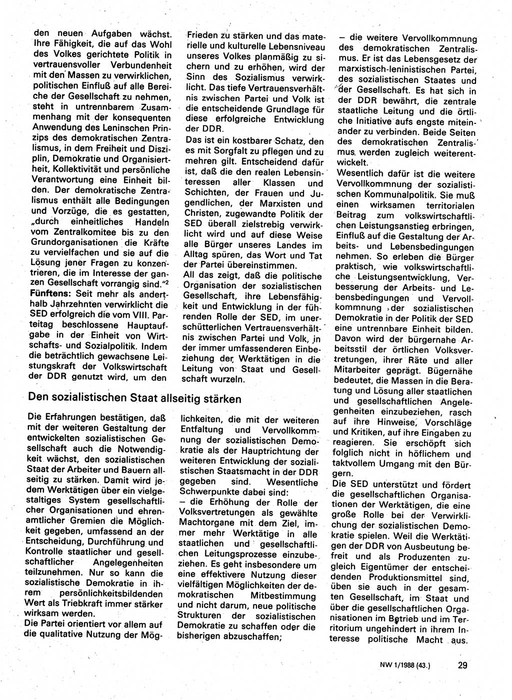 Neuer Weg (NW), Organ des Zentralkomitees (ZK) der SED (Sozialistische Einheitspartei Deutschlands) für Fragen des Parteilebens, 43. Jahrgang [Deutsche Demokratische Republik (DDR)] 1988, Seite 29 (NW ZK SED DDR 1988, S. 29)