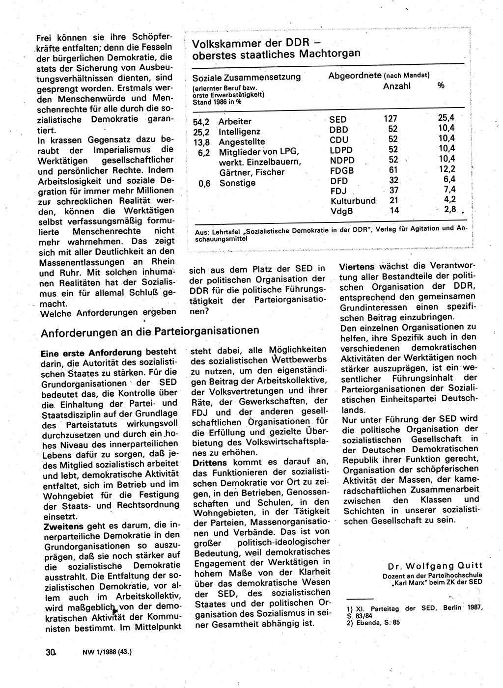 Neuer Weg (NW), Organ des Zentralkomitees (ZK) der SED (Sozialistische Einheitspartei Deutschlands) für Fragen des Parteilebens, 43. Jahrgang [Deutsche Demokratische Republik (DDR)] 1988, Seite 30 (NW ZK SED DDR 1988, S. 30)