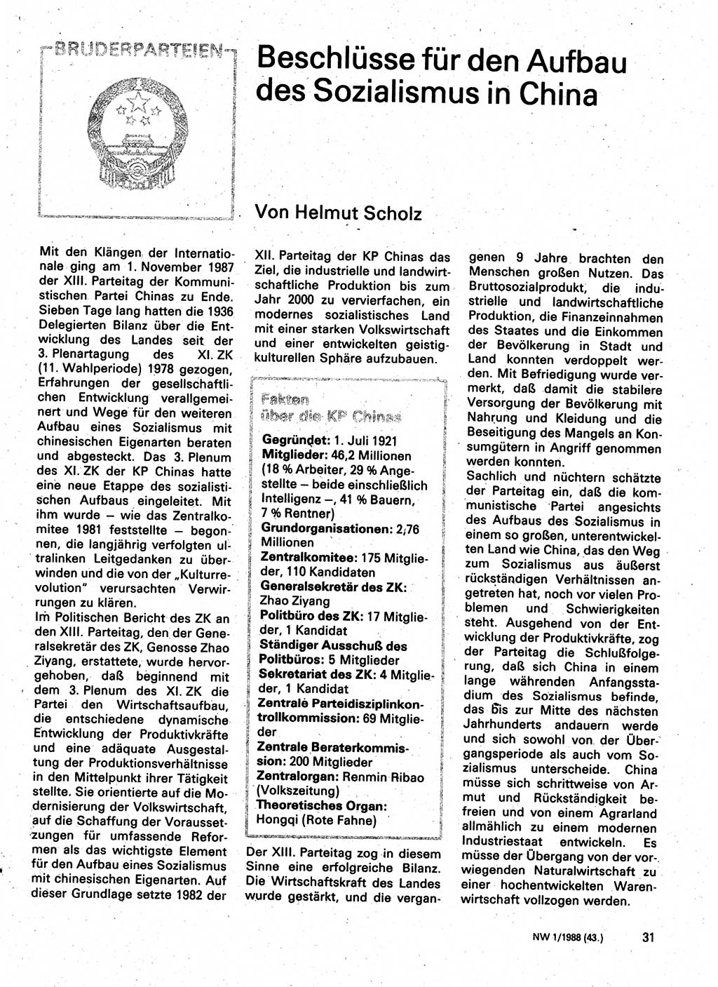 Neuer Weg (NW), Organ des Zentralkomitees (ZK) der SED (Sozialistische Einheitspartei Deutschlands) für Fragen des Parteilebens, 43. Jahrgang [Deutsche Demokratische Republik (DDR)] 1988, Seite 31 (NW ZK SED DDR 1988, S. 31)