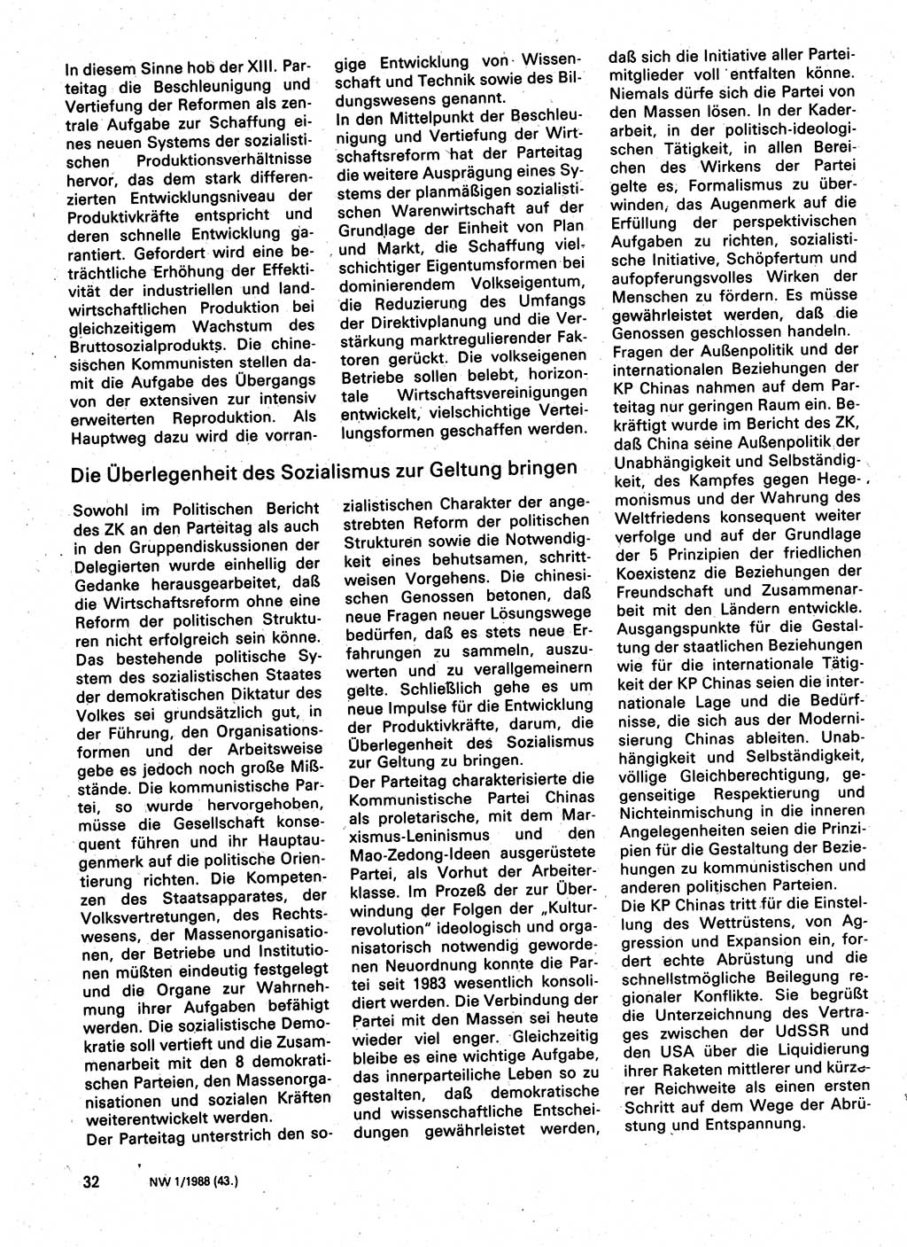 Neuer Weg (NW), Organ des Zentralkomitees (ZK) der SED (Sozialistische Einheitspartei Deutschlands) für Fragen des Parteilebens, 43. Jahrgang [Deutsche Demokratische Republik (DDR)] 1988, Seite 32 (NW ZK SED DDR 1988, S. 32)