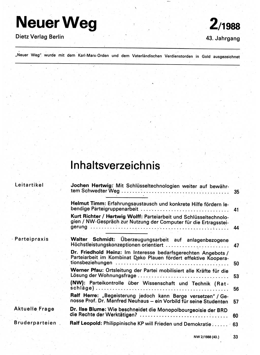 Neuer Weg (NW), Organ des Zentralkomitees (ZK) der SED (Sozialistische Einheitspartei Deutschlands) für Fragen des Parteilebens, 43. Jahrgang [Deutsche Demokratische Republik (DDR)] 1988, Seite 33 (NW ZK SED DDR 1988, S. 33)