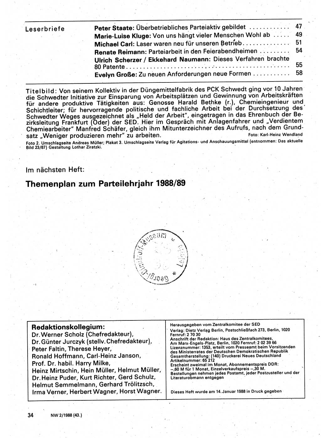 Neuer Weg (NW), Organ des Zentralkomitees (ZK) der SED (Sozialistische Einheitspartei Deutschlands) für Fragen des Parteilebens, 43. Jahrgang [Deutsche Demokratische Republik (DDR)] 1988, Seite 34 (NW ZK SED DDR 1988, S. 34)