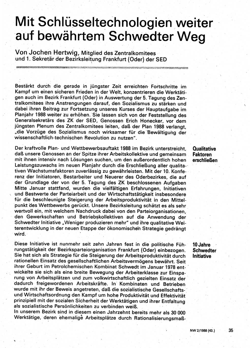 Neuer Weg (NW), Organ des Zentralkomitees (ZK) der SED (Sozialistische Einheitspartei Deutschlands) für Fragen des Parteilebens, 43. Jahrgang [Deutsche Demokratische Republik (DDR)] 1988, Seite 35 (NW ZK SED DDR 1988, S. 35)