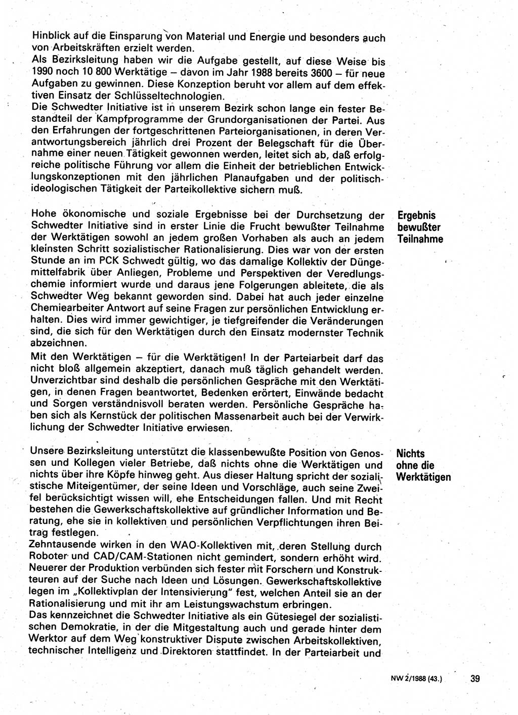 Neuer Weg (NW), Organ des Zentralkomitees (ZK) der SED (Sozialistische Einheitspartei Deutschlands) für Fragen des Parteilebens, 43. Jahrgang [Deutsche Demokratische Republik (DDR)] 1988, Seite 39 (NW ZK SED DDR 1988, S. 39)