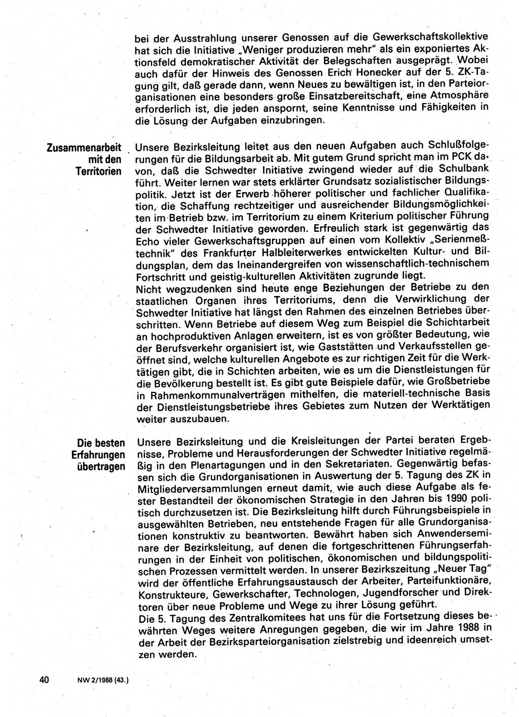 Neuer Weg (NW), Organ des Zentralkomitees (ZK) der SED (Sozialistische Einheitspartei Deutschlands) für Fragen des Parteilebens, 43. Jahrgang [Deutsche Demokratische Republik (DDR)] 1988, Seite 40 (NW ZK SED DDR 1988, S. 40)