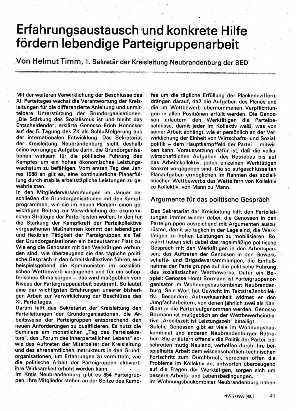 Neuer Weg (NW), Organ des Zentralkomitees (ZK) der SED (Sozialistische Einheitspartei Deutschlands) für Fragen des Parteilebens, 43. Jahrgang [Deutsche Demokratische Republik (DDR)] 1988, Seite 41 (NW ZK SED DDR 1988, S. 41)