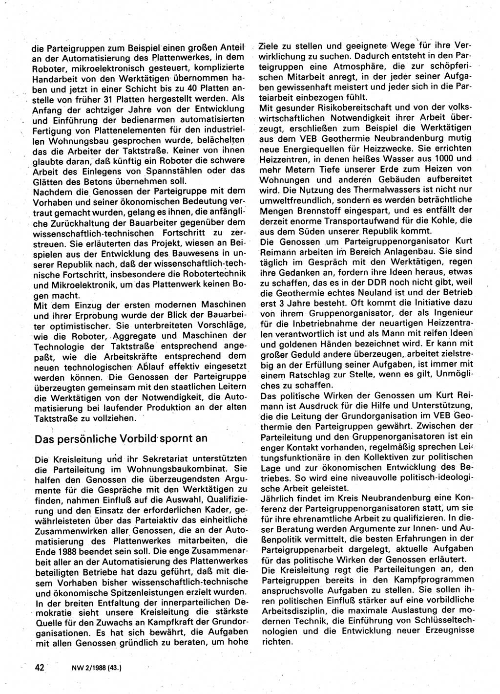 Neuer Weg (NW), Organ des Zentralkomitees (ZK) der SED (Sozialistische Einheitspartei Deutschlands) für Fragen des Parteilebens, 43. Jahrgang [Deutsche Demokratische Republik (DDR)] 1988, Seite 42 (NW ZK SED DDR 1988, S. 42)