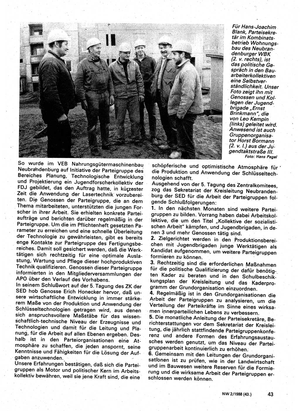 Neuer Weg (NW), Organ des Zentralkomitees (ZK) der SED (Sozialistische Einheitspartei Deutschlands) für Fragen des Parteilebens, 43. Jahrgang [Deutsche Demokratische Republik (DDR)] 1988, Seite 43 (NW ZK SED DDR 1988, S. 43)