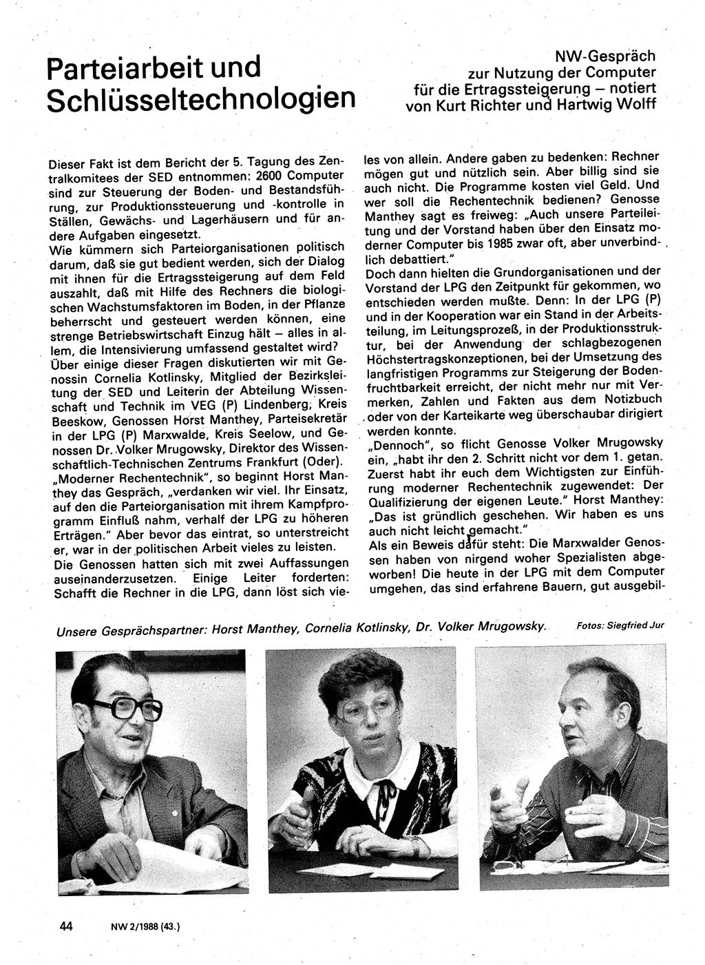 Neuer Weg (NW), Organ des Zentralkomitees (ZK) der SED (Sozialistische Einheitspartei Deutschlands) für Fragen des Parteilebens, 43. Jahrgang [Deutsche Demokratische Republik (DDR)] 1988, Seite 44 (NW ZK SED DDR 1988, S. 44)