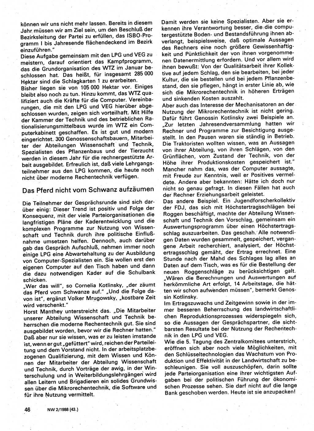 Neuer Weg (NW), Organ des Zentralkomitees (ZK) der SED (Sozialistische Einheitspartei Deutschlands) für Fragen des Parteilebens, 43. Jahrgang [Deutsche Demokratische Republik (DDR)] 1988, Seite 46 (NW ZK SED DDR 1988, S. 46)