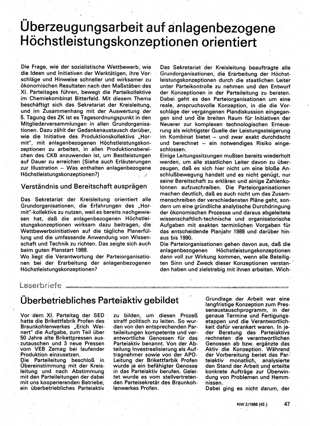 Neuer Weg (NW), Organ des Zentralkomitees (ZK) der SED (Sozialistische Einheitspartei Deutschlands) für Fragen des Parteilebens, 43. Jahrgang [Deutsche Demokratische Republik (DDR)] 1988, Seite 47 (NW ZK SED DDR 1988, S. 47)