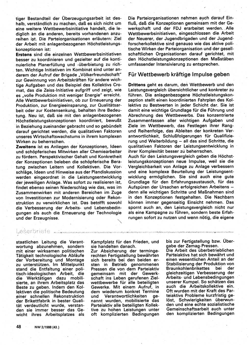 Neuer Weg (NW), Organ des Zentralkomitees (ZK) der SED (Sozialistische Einheitspartei Deutschlands) für Fragen des Parteilebens, 43. Jahrgang [Deutsche Demokratische Republik (DDR)] 1988, Seite 48 (NW ZK SED DDR 1988, S. 48)