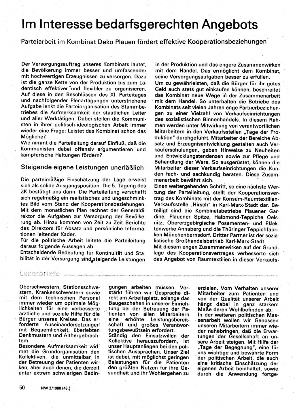 Neuer Weg (NW), Organ des Zentralkomitees (ZK) der SED (Sozialistische Einheitspartei Deutschlands) für Fragen des Parteilebens, 43. Jahrgang [Deutsche Demokratische Republik (DDR)] 1988, Seite 50 (NW ZK SED DDR 1988, S. 50)