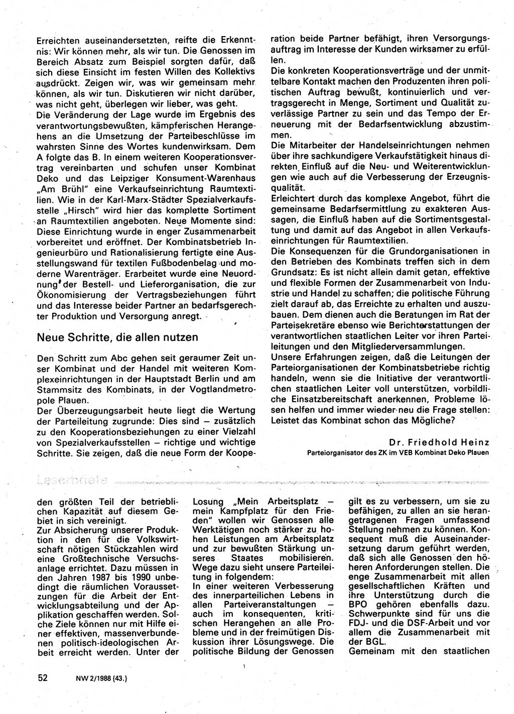 Neuer Weg (NW), Organ des Zentralkomitees (ZK) der SED (Sozialistische Einheitspartei Deutschlands) für Fragen des Parteilebens, 43. Jahrgang [Deutsche Demokratische Republik (DDR)] 1988, Seite 52 (NW ZK SED DDR 1988, S. 52)