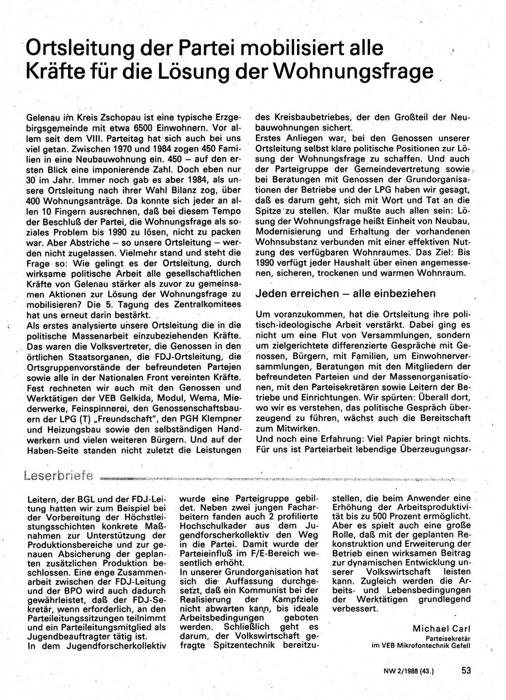 Neuer Weg (NW), Organ des Zentralkomitees (ZK) der SED (Sozialistische Einheitspartei Deutschlands) für Fragen des Parteilebens, 43. Jahrgang [Deutsche Demokratische Republik (DDR)] 1988, Seite 53 (NW ZK SED DDR 1988, S. 53)