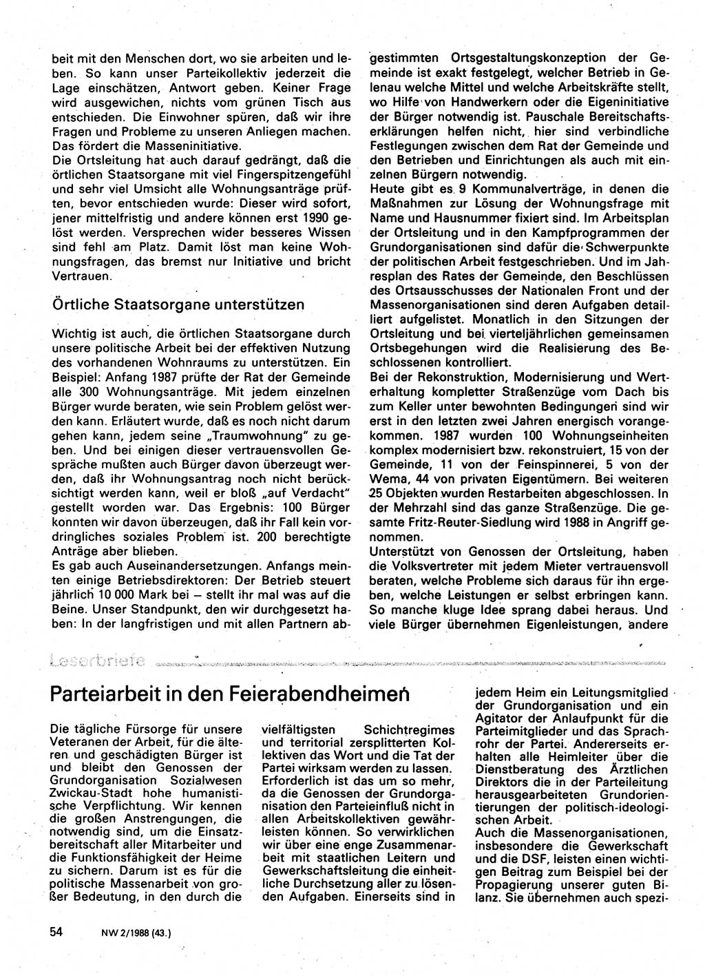 Neuer Weg (NW), Organ des Zentralkomitees (ZK) der SED (Sozialistische Einheitspartei Deutschlands) für Fragen des Parteilebens, 43. Jahrgang [Deutsche Demokratische Republik (DDR)] 1988, Seite 54 (NW ZK SED DDR 1988, S. 54)