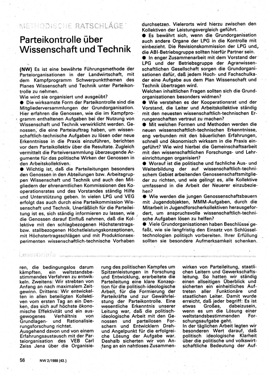 Neuer Weg (NW), Organ des Zentralkomitees (ZK) der SED (Sozialistische Einheitspartei Deutschlands) für Fragen des Parteilebens, 43. Jahrgang [Deutsche Demokratische Republik (DDR)] 1988, Seite 56 (NW ZK SED DDR 1988, S. 56)