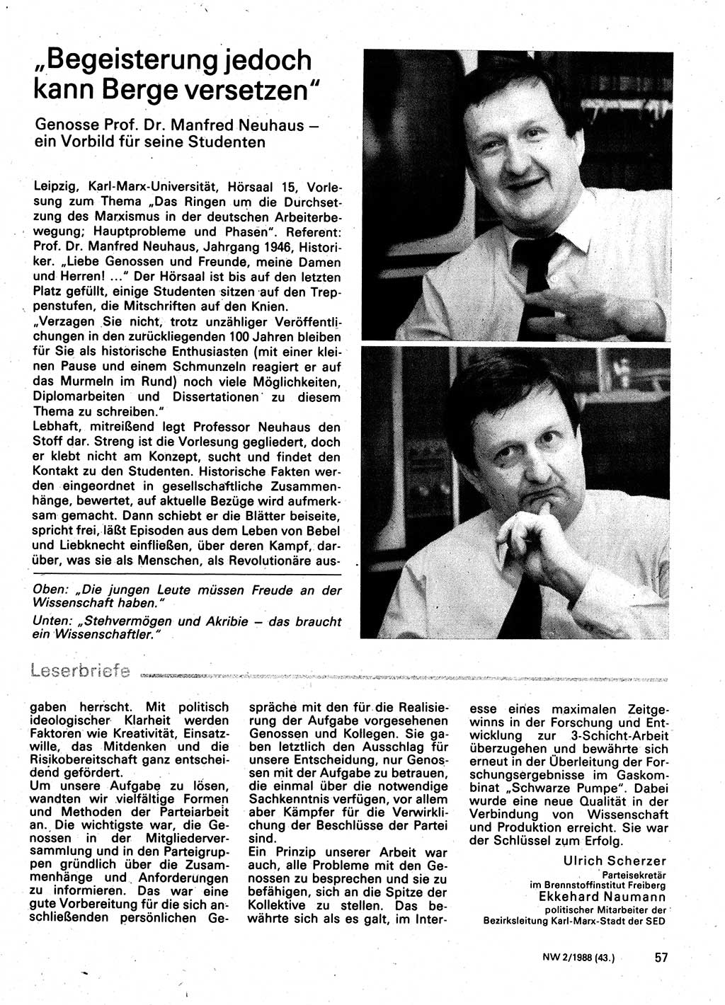 Neuer Weg (NW), Organ des Zentralkomitees (ZK) der SED (Sozialistische Einheitspartei Deutschlands) für Fragen des Parteilebens, 43. Jahrgang [Deutsche Demokratische Republik (DDR)] 1988, Seite 57 (NW ZK SED DDR 1988, S. 57)