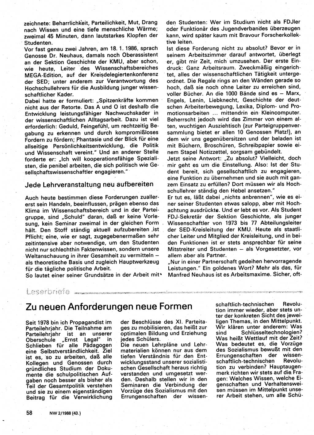 Neuer Weg (NW), Organ des Zentralkomitees (ZK) der SED (Sozialistische Einheitspartei Deutschlands) für Fragen des Parteilebens, 43. Jahrgang [Deutsche Demokratische Republik (DDR)] 1988, Seite 58 (NW ZK SED DDR 1988, S. 58)