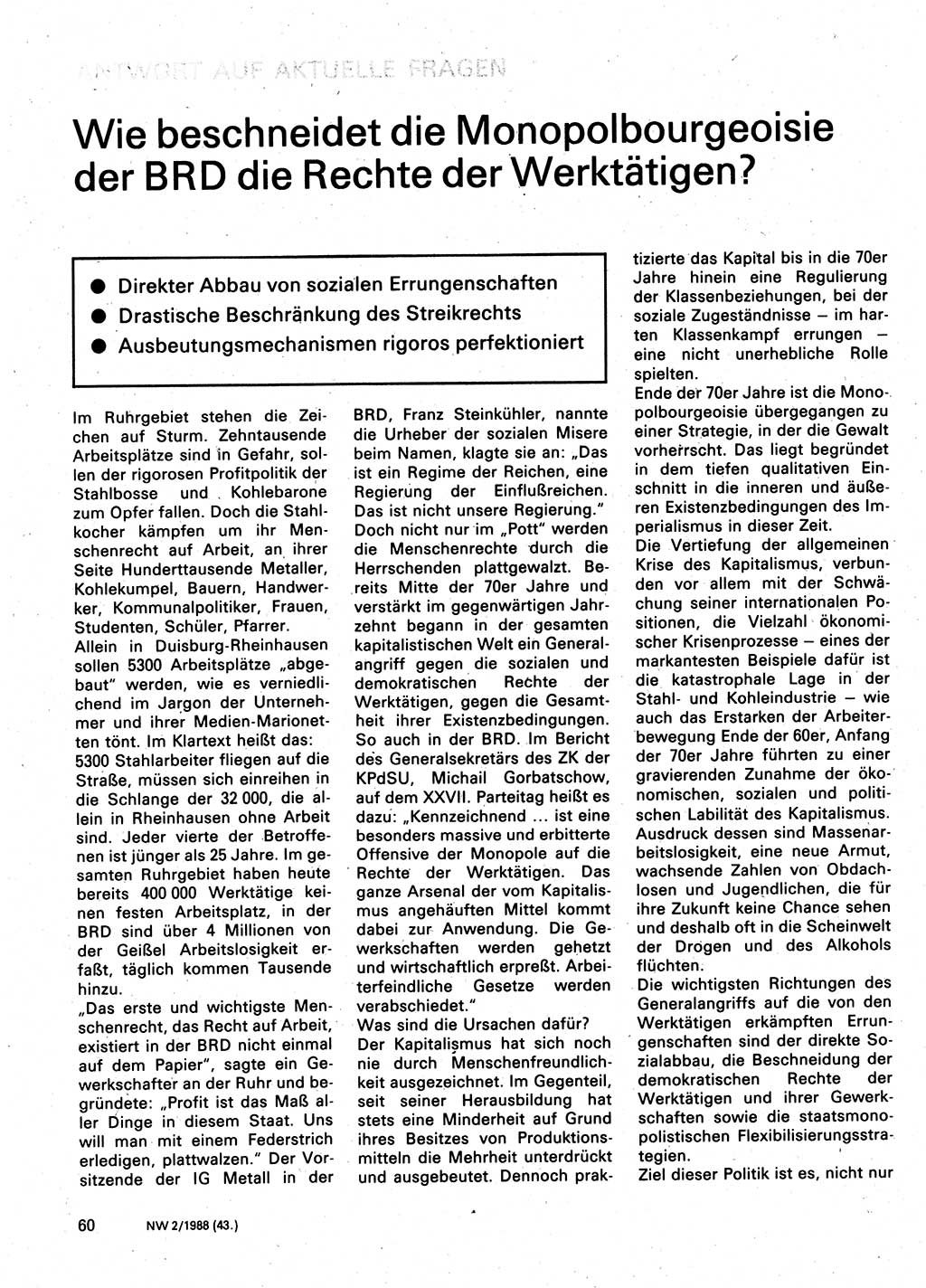 Neuer Weg (NW), Organ des Zentralkomitees (ZK) der SED (Sozialistische Einheitspartei Deutschlands) für Fragen des Parteilebens, 43. Jahrgang [Deutsche Demokratische Republik (DDR)] 1988, Seite 60 (NW ZK SED DDR 1988, S. 60)