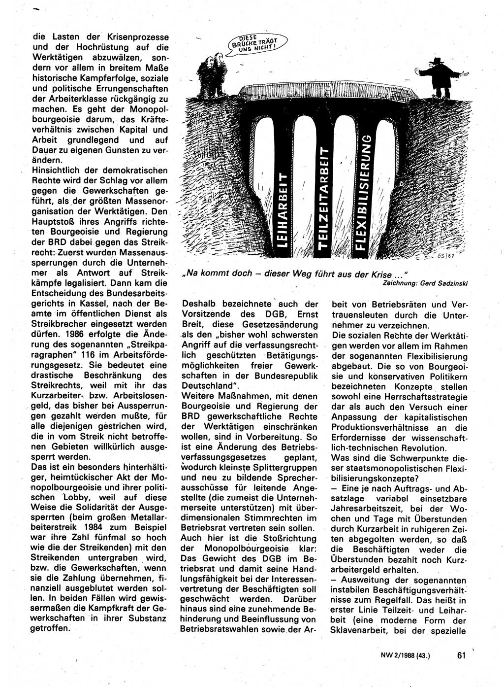 Neuer Weg (NW), Organ des Zentralkomitees (ZK) der SED (Sozialistische Einheitspartei Deutschlands) für Fragen des Parteilebens, 43. Jahrgang [Deutsche Demokratische Republik (DDR)] 1988, Seite 61 (NW ZK SED DDR 1988, S. 61)
