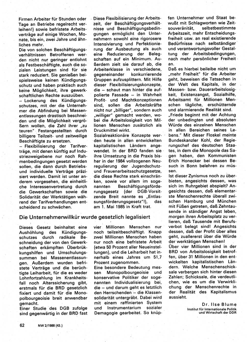 Neuer Weg (NW), Organ des Zentralkomitees (ZK) der SED (Sozialistische Einheitspartei Deutschlands) für Fragen des Parteilebens, 43. Jahrgang [Deutsche Demokratische Republik (DDR)] 1988, Seite 62 (NW ZK SED DDR 1988, S. 62)