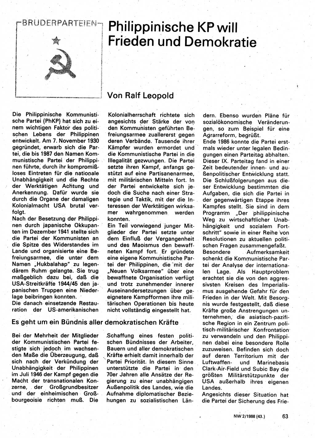 Neuer Weg (NW), Organ des Zentralkomitees (ZK) der SED (Sozialistische Einheitspartei Deutschlands) für Fragen des Parteilebens, 43. Jahrgang [Deutsche Demokratische Republik (DDR)] 1988, Seite 63 (NW ZK SED DDR 1988, S. 63)